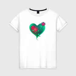 Зелёноё сердечко с красными цветами – Женская футболка хлопок с принтом купить со скидкой в -20%
