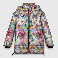 Женская зимняя куртка Oversize Бабочки композиция в паттерне   с ярким фоном
