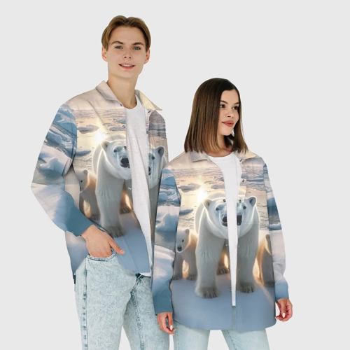 Женская рубашка oversize 3D с принтом Polar bear with her cubs - ai art, фото #4