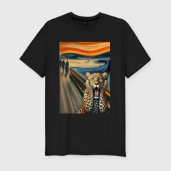 Мужская футболка хлопок Slim Леопард кричит - мем картина от нейросети