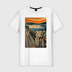 Мужская футболка хлопок Slim Леопард кричит - мем картина от нейросети