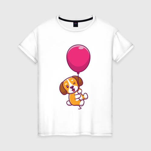 Женская футболка из хлопка с принтом Собачка на шарике, вид спереди №1