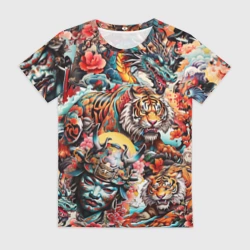 Женская футболка 3D Японская татуировка дракона тигра и самурая