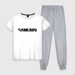 Женская пижама с белой футболкой хлопок Киберпанк - черная надпись Samurai