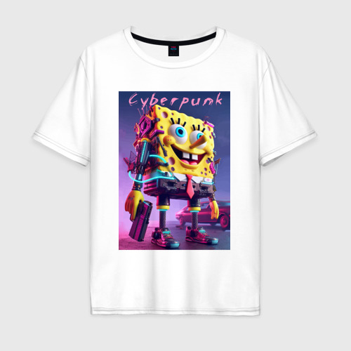Мужская футболка оверсайз из хлопка с принтом Sponge Bob with a pistol - cyberpunk ai art, вид спереди №1
