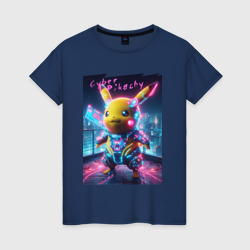 Cyber Pikachu - neon glow ai art fantasy – Женская футболка хлопок с принтом купить со скидкой в -20%
