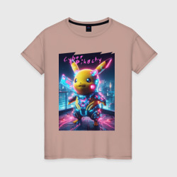 Cyber Pikachu - neon glow ai art fantasy – Женская футболка хлопок с принтом купить со скидкой в -20%