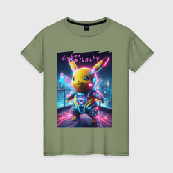 Cyber Pikachu - neon glow ai art fantasy – Футболка из хлопка с принтом купить со скидкой в -20%