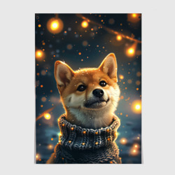 Счастливый Сиба ину в свитере на фоне гирлянды – Постер с принтом купить