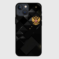 Чехол для iPhone 13 mini Золотой герб России на черно-золотой  текстуре