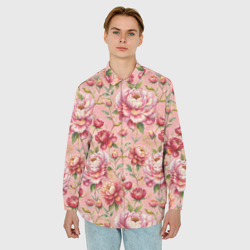 Рубашка с принтом Пионы садовые крупные   бутоны цветов для любого человека, вид спереди №2. Цвет основы: белый