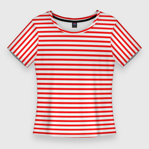 Женская приталенная футболка с принтом Красно-белый полосатый, вид спереди №1