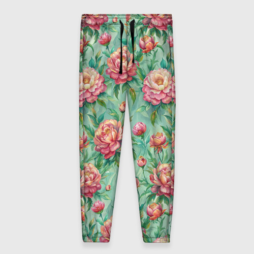 Женские брюки с принтом Крупные  пионы садовые дачные цветы паттерн, вид спереди №1
