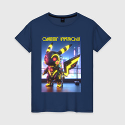 Cyber pikachu - ai art neon glow fantasy – Женская футболка хлопок с принтом купить со скидкой в -20%