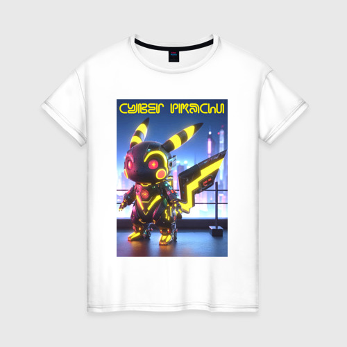 Женская футболка из хлопка с принтом Cyber pikachu - ai art neon glow fantasy, вид спереди №1