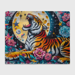 Бенгальский тигр на фоне луны и цветов - нейросеть – Плед 3D с принтом купить со скидкой в -14%