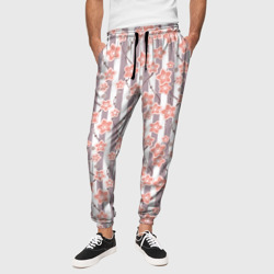 Коралловые цветы на полосатом фоне  – Мужские брюки 3D с принтом купить