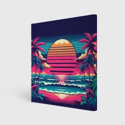 Холст квадратный Закат на пляже vaporwave