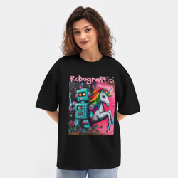 Женская футболка Oversize хлопок texturе Robot and unicorn - ai art graffiti - фото 2