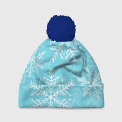 Снежинки на голубом фоне – Шапка 3D c помпоном с принтом купить