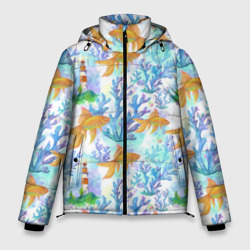 Золотая рыбка и кораллы акварельные – Мужская зимняя куртка 3D с принтом купить