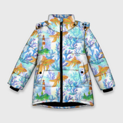 Золотая рыбка и кораллы акварельные – Зимняя куртка для девочек 3D с принтом купить