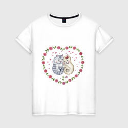 Коты в сердечке с розами – Женская футболка хлопок с принтом купить со скидкой в -20%