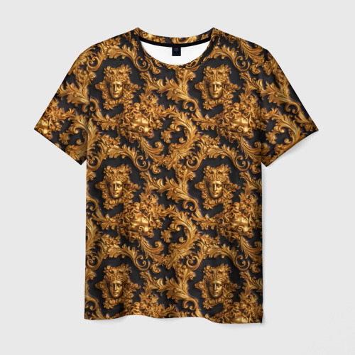 Мужская футболка с принтом Золотые переплетения узоров барокко с лицами - паттерн, вид спереди №1