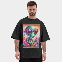 Мужская футболка Oversize хлопок premium Пришелец играет на саксофоне - граффити - фото 2