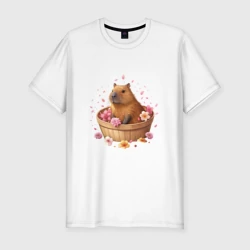 Мужская футболка хлопок Slim Капибара в ванне с цветами