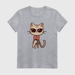 Женская футболка хлопок Деловая кошка босс в очках внимательно смотрит