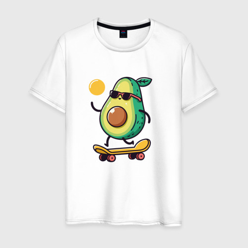 Мужская футболка из хлопка с принтом Веселый забавный авокадо в очках на скейтборде, вид спереди №1