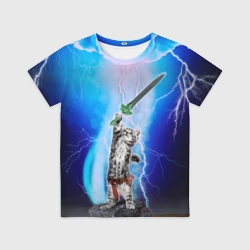 Детская футболка 3D Кот-рыцарь с мечом экскалибур под молниями
