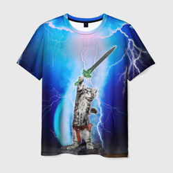 Кот-рыцарь с мечом экскалибур под молниями – Мужская футболка 3D с принтом купить со скидкой в -26%