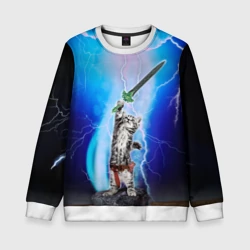 Детский свитшот 3D Кот-рыцарь с мечом экскалибур под молниями