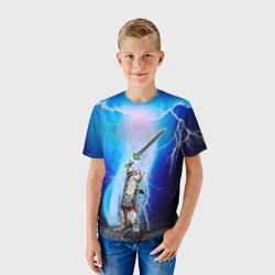 Детская футболка 3D Кот-рыцарь с мечом экскалибур под молниями - фото 2