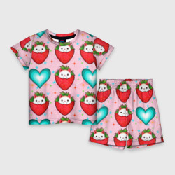Котик клубничка и сердца узор – Детский костюм с шортами 3D с принтом купить