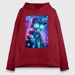 Женское худи Oversize хлопок Minecraft and Cyberpunk collaboration - ai art neon glow