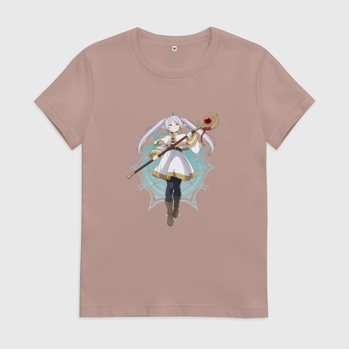 Женская футболка хлопок с принтом Маг Фрирен с посохом, вид спереди #2