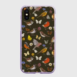 Чехол для iPhone XS Max матовый Птицы и бабочки с цветами паттерн