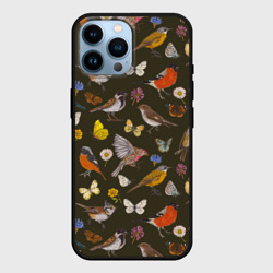 Чехол для iPhone 14 Pro Max Птицы и бабочки с цветами паттерн