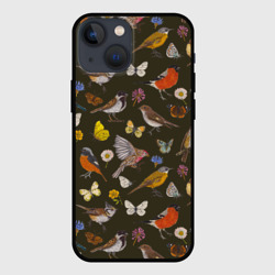 Чехол для iPhone 13 mini Птицы и бабочки с цветами паттерн