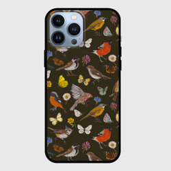 Чехол для iPhone 13 Pro Max Птицы и бабочки с цветами паттерн