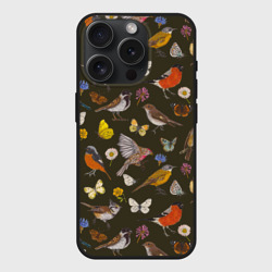 Чехол силиконовый для Apple iPhone 15 Pro матовый Птицы и бабочки с цветами паттерн