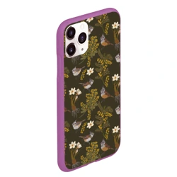 Чехол для iPhone 11 Pro Max матовый Хохлатые синицы и мимоза паттерн - фото 2