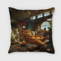 Подушка 3D Ленивый рыжий кот на диване и большая пицца