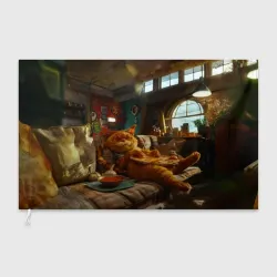 Флаг 3D Ленивый рыжий кот на диване и большая пицца