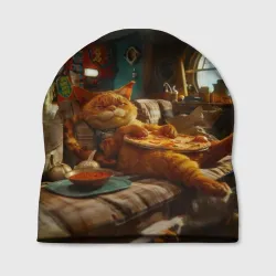 Шапка 3D Ленивый рыжий кот на диване и большая пицца