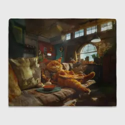 Плед 3D Ленивый рыжий кот на диване и большая пицца