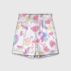 Детские спортивные шорты 3D Единорог мороженое радуга и звездочки 